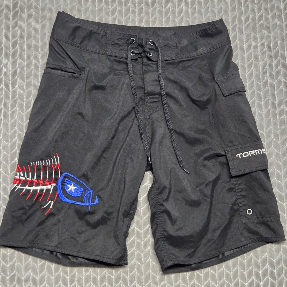 Tormenter Texas Mens Black Fish Skeleton Embroidered Board Shorts Size 30 Cargo